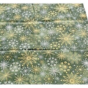 Christmas Large Snowflake On Green Gold Metallic Fabric 100% Cotton 1 1/3yd